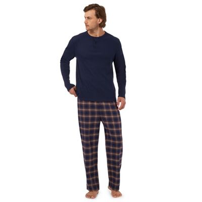 Maine New England Big and tall navy long sleeved top and checked trousers loungewear set